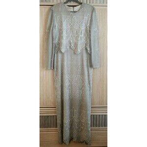 After Dark Evening Gown Size 10P Silver Shimmer Long Classic Lace Overlay EUC